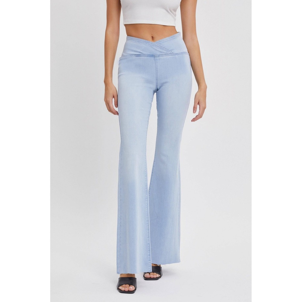 Cello High Rise Flare Jeans Light Wash V-Waist Crossover Raw Hem Large